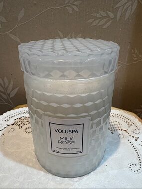 Voluspa Milk Rose Candle in White Textured Glass Scented Candle Jar